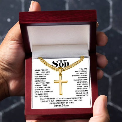 To My Son - Love Mom - Artisan Cross on Cuban Link Chain - Gift Set