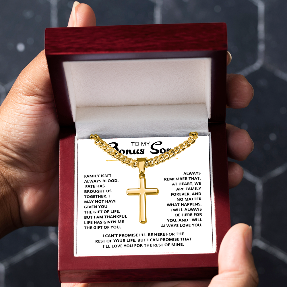 To My Bonus Son - "My Family Forever" Artisan Cross Cuban Link Chain Gift Set – CFG01