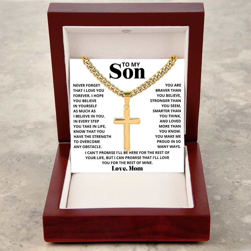 To My Son - Love Mom - Artisan Cross on Cuban Link Chain - Gift Set