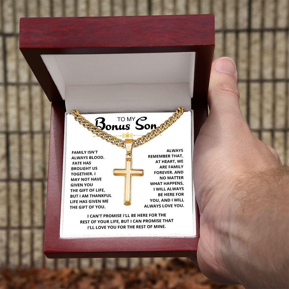 To My Bonus Son - "My Family Forever" Artisan Cross Cuban Link Chain Gift Set – CFG01