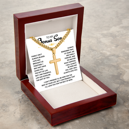 To My Bonus Son - "My Family Forever" Artisan Cross Cuban Link Chain Gift Set – CFG01
