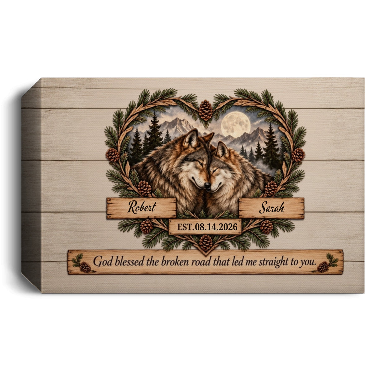 CANLA15 DPersonalized Wolf Couple Canvas | God Blessed the Broken Road Wall Art | Custom Names & Date Rustic Anniversary Gifteluxe Landscape Canvas 1.5in Frame