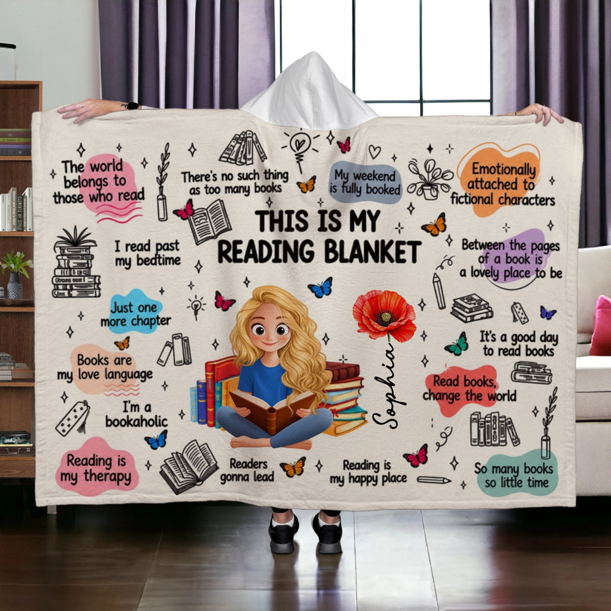 colorful butterflies, and a book-reading illustration