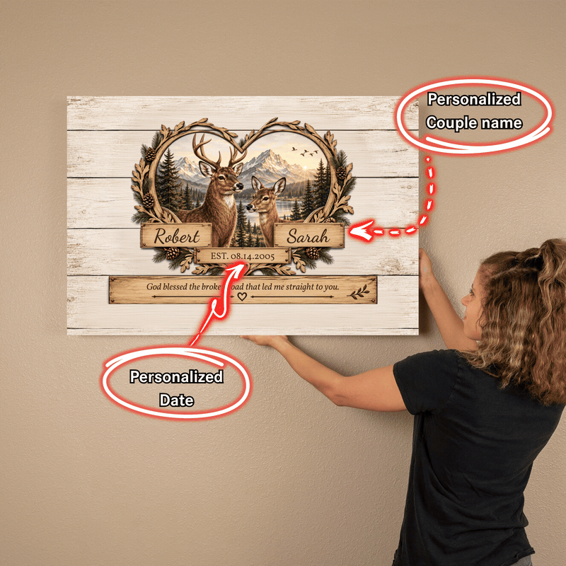 Personalized Deer Couple Canvas | Rustic Deer Wall Art with Custom Names & Date | Romantic Woodland Anniversary Gift for Couples
