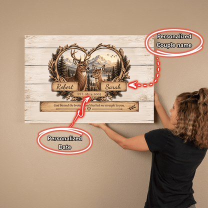Personalized Deer Couple Canvas | Rustic Deer Wall Art with Custom Names & Date | Romantic Woodland Anniversary Gift for Couples
