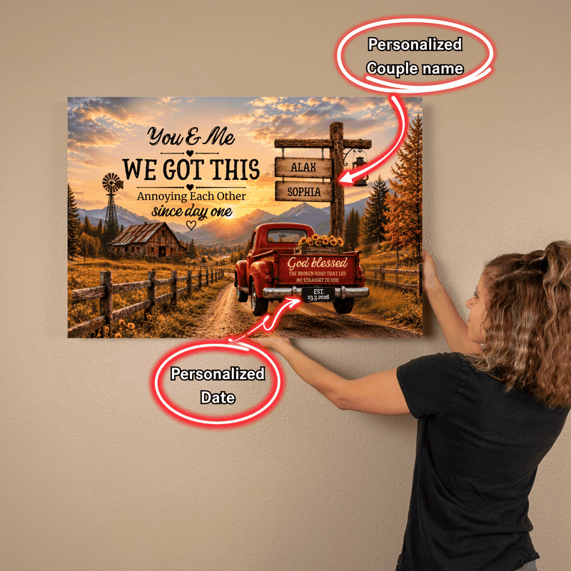 Personalized Couple Farmhouse Canvas | Custom Names & Date Rustic Truck Wall Art | Romantic Country Anniversary Gift for Couples