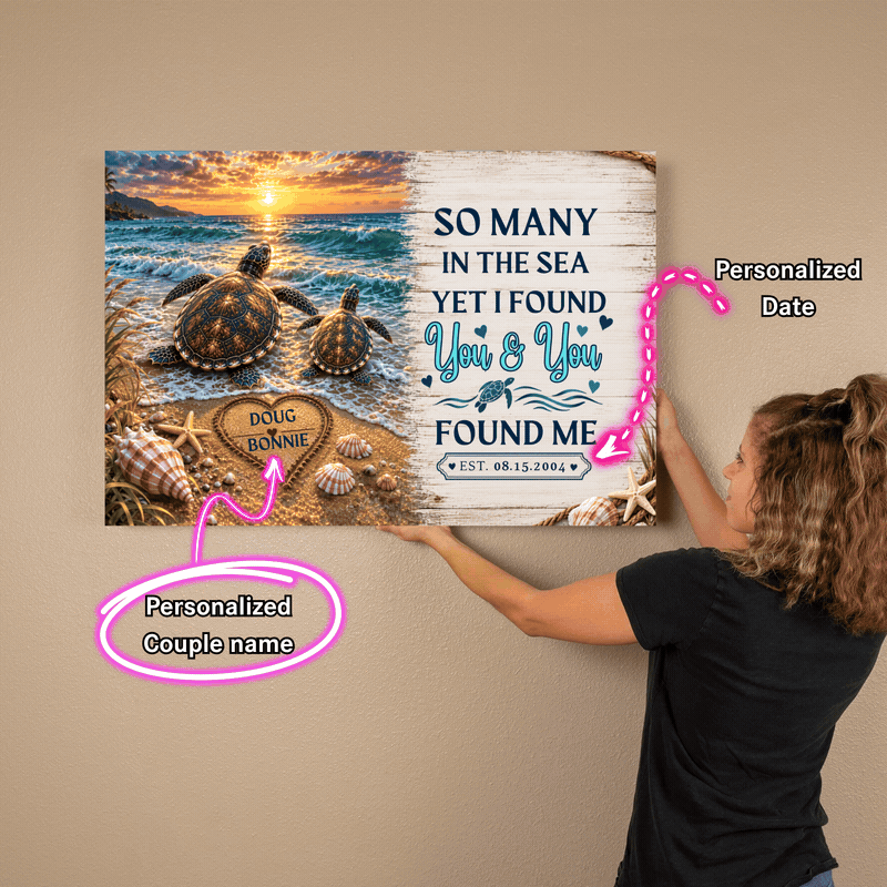 Personalized Sea Turtle Couple Canvas | Custom Names & Date Beach Wall Art | Romantic Ocean Anniversary Gift for Couples