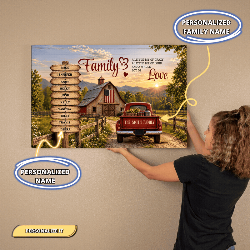 Personalized Family Farmhouse Canvas | Custom Family Names Rustic Red Truck Wall Art | Family Tree Country Home Decor Gift