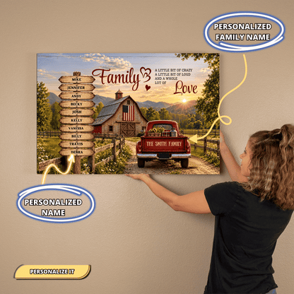 Personalized Family Farmhouse Canvas | Custom Family Names Rustic Red Truck Wall Art | Family Tree Country Home Decor Gift